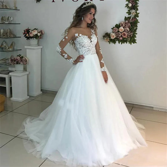 MYYBLE Illusion Scoop Long Sleeve Wedding Dresses Lace Appliques Sheer Back White/ Ivory Tulle Wedding Dress Lace Wedding Gowns-payinti