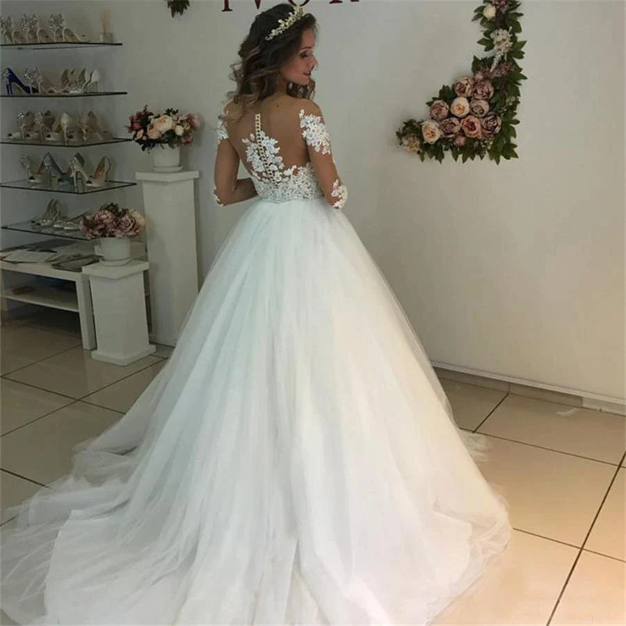 MYYBLE Illusion Scoop Long Sleeve Wedding Dresses Lace Appliques Sheer Back White/ Ivory Tulle Wedding Dress Lace Wedding Gowns-payinti