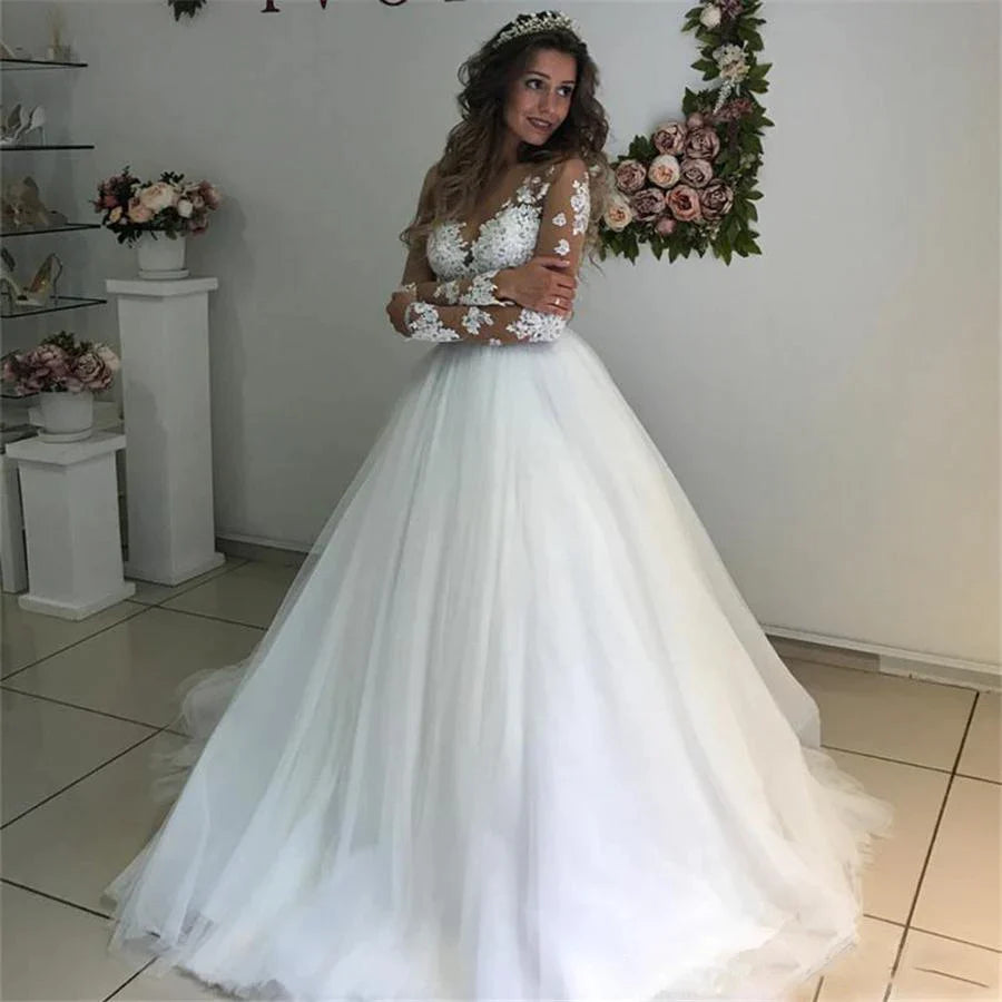 MYYBLE Illusion Scoop Long Sleeve Wedding Dresses Lace Appliques Sheer Back White/ Ivory Tulle Wedding Dress Lace Wedding Gowns-payinti