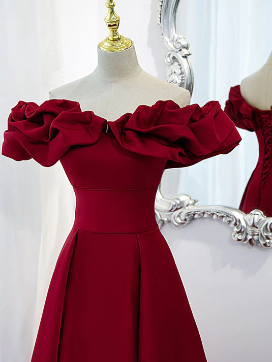 Vestido de fiesta de satén burdeos con hombros descubiertos y corte en A Y2506