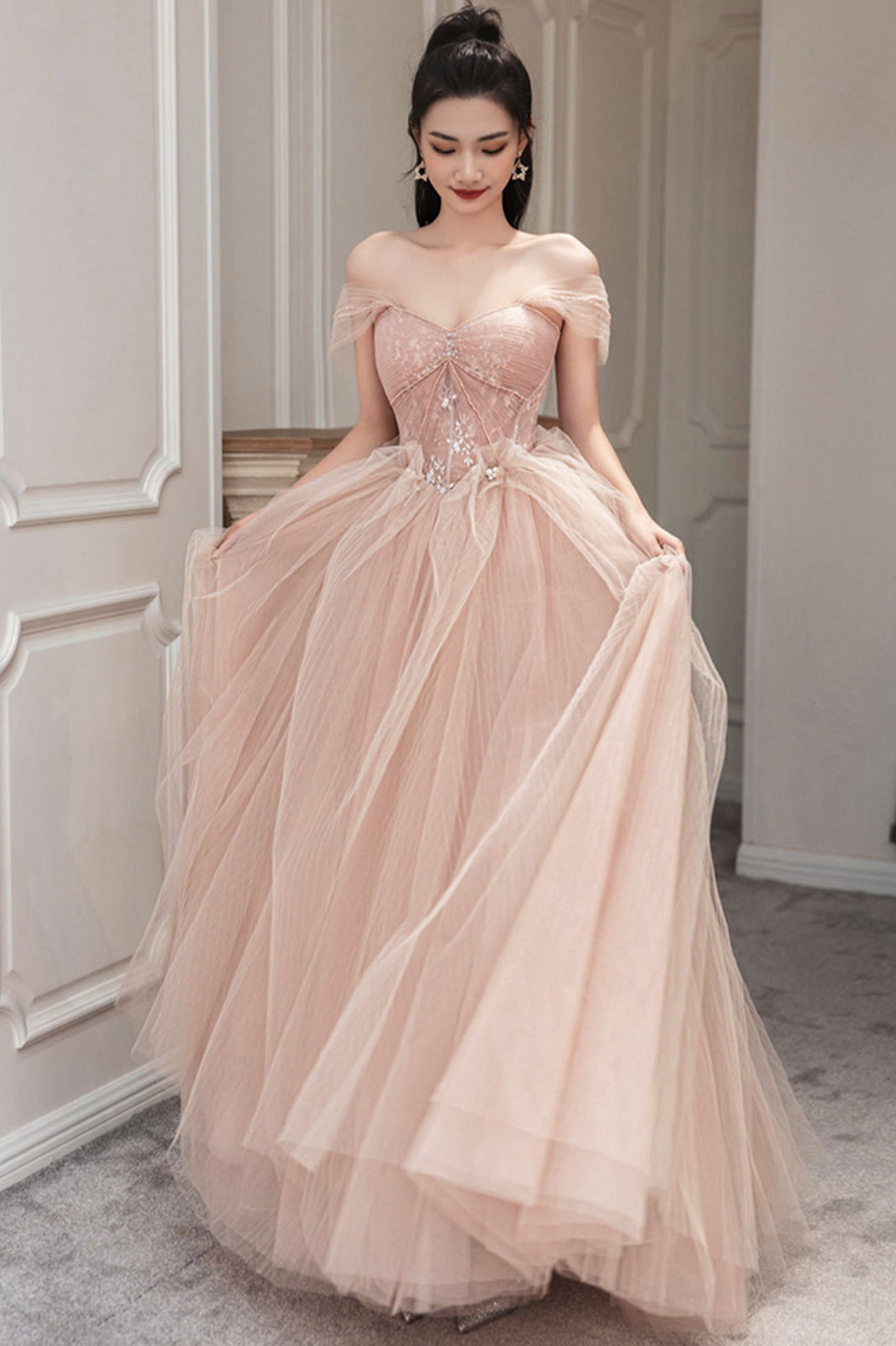 Rosa Tüll Langes Ballkleid Rosa Abendkleid Y1825