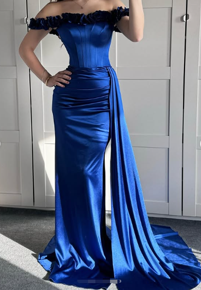 Blaues schulterfreies Meerjungfrau-Abendkleid, formelles Ballkleid Y7842