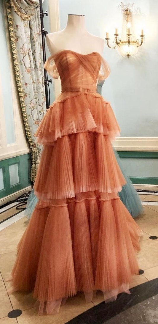 Schulterfreies, langes, gestuftes Ballkleid aus Tüll, A-Linien-Abendkleid Y1897