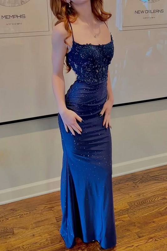 Spaghettiträger Pailletten Applikationen Ballkleid Blau Satin Meerjungfrau Abendkleid Y8147
