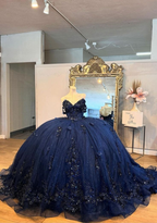 Wunderschönes marineblaues Tüll-Applikationen-Abschlussballkleid, glänzendes Geburtstagsballkleid Y7837