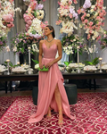 A-Linie Spaghettiträger Rosa Satin Abendkleid Y4728