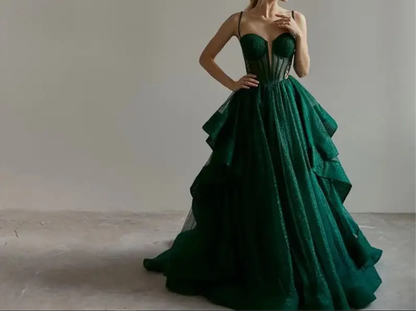 Vestido de noche verde brillante con corsé y corte en A Y6339