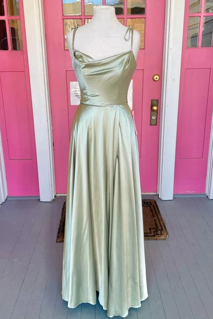 Langes Ballkleid aus Salbeigrünem Satin mit offenem Rücken und hohem Schlitz, langes, formelles Abendkleid in Salbeigrün für den Abschluss Y207