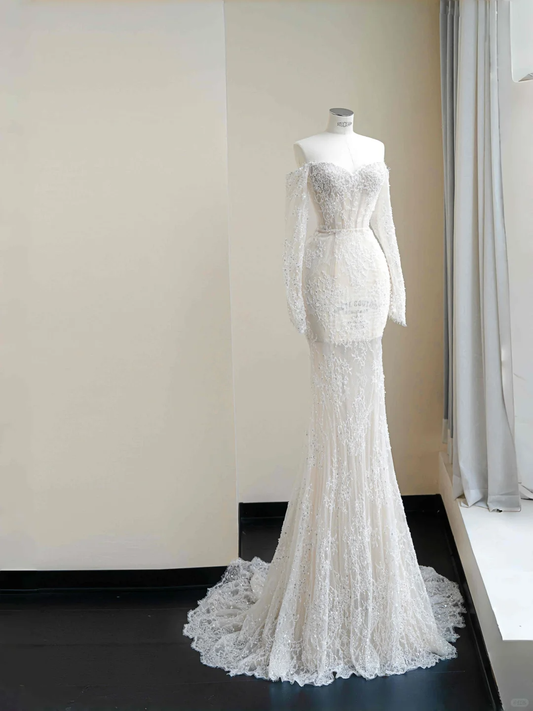 Vestido de fiesta romántico de sirena con apliques de encaje blanco, tul y lentejuelas, hombros descubiertos, Y8663