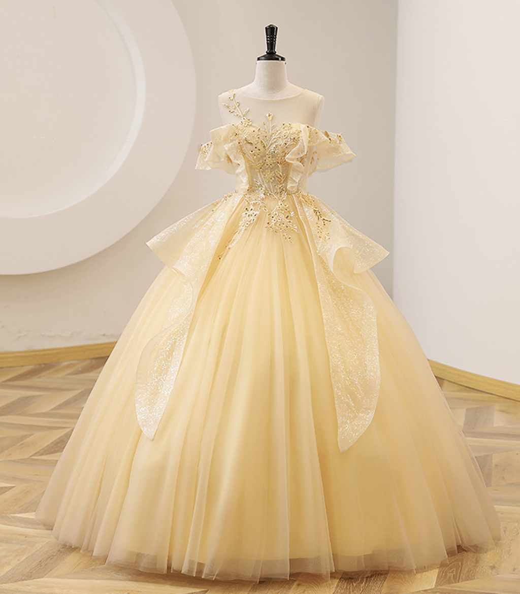 Gelbes Ballkleid mit Perlen Sweet 16 Kleid, gelbes langes Abendkleid Y4045