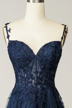 Vestido de fiesta azul marino de corte A con tul y encaje Y382