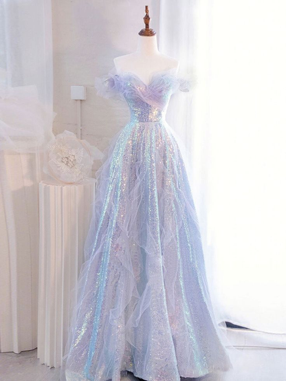 Vestido de fiesta largo de tul con lentejuelas y hombros descubiertos morado Y5864