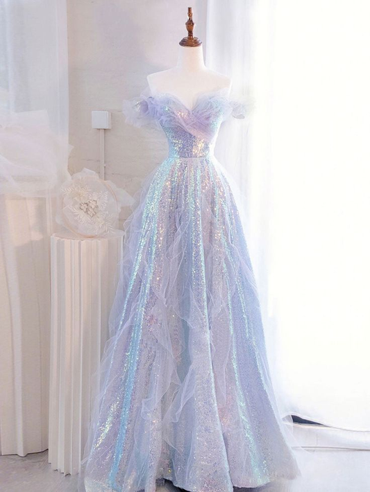 Vestido de fiesta largo de tul con lentejuelas y hombros descubiertos morado Y5864