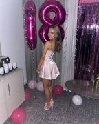 Vestido corto de fiesta con estampado de satén rosa, bonito, para cumpleaños, Y8059