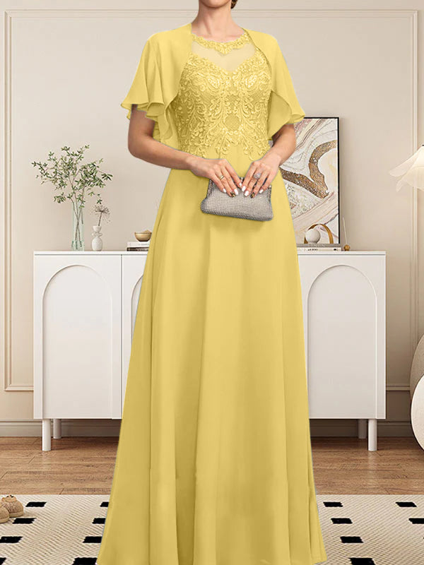 Vestido de gasa con encaje y lentejuelas para madre de la novia, corte A, escote ilusión, largo hasta el suelo