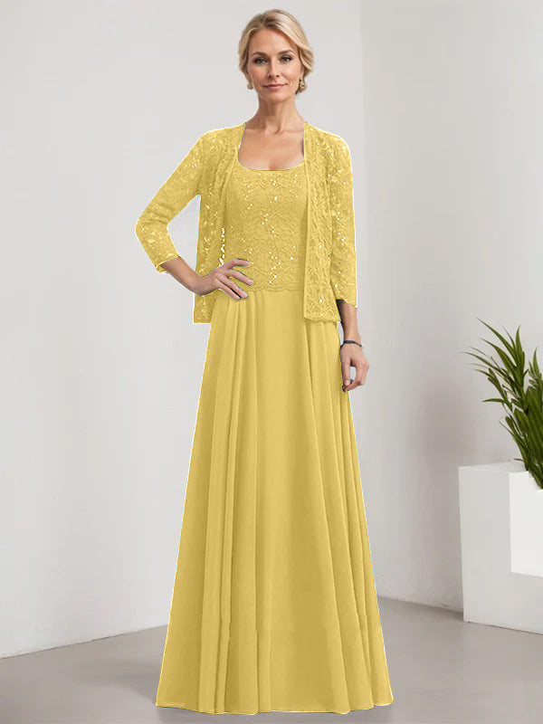 Vestido de madre de la novia de gasa con encaje, corte A, largo hasta el suelo, cuadrado y lentejuelas