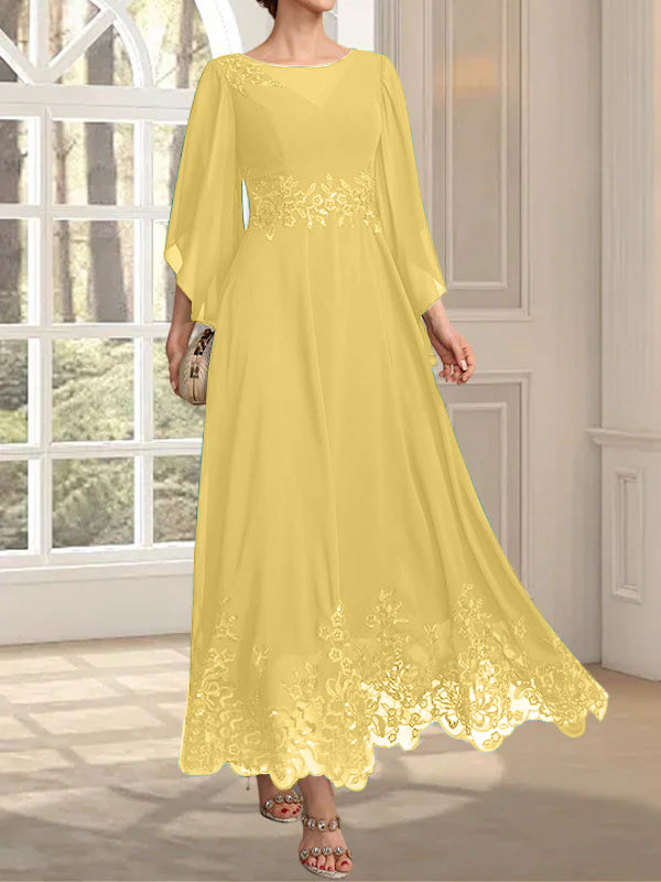 Vestido de gasa con encaje y lentejuelas para madre de la novia, corte A, escote ilusión, largo hasta los tobillos