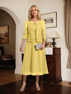 Vestido de gasa con encaje y lentejuelas para madre de la novia, corte A, escote redondo y largo hasta la rodilla