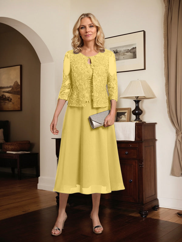 Vestido de gasa con encaje y lentejuelas para madre de la novia, corte A, escote redondo y largo hasta la rodilla