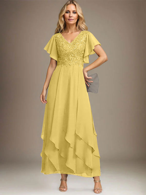 Vestido de gasa con encaje y escote en V hasta los tobillos para madre de la novia con volantes en cascada