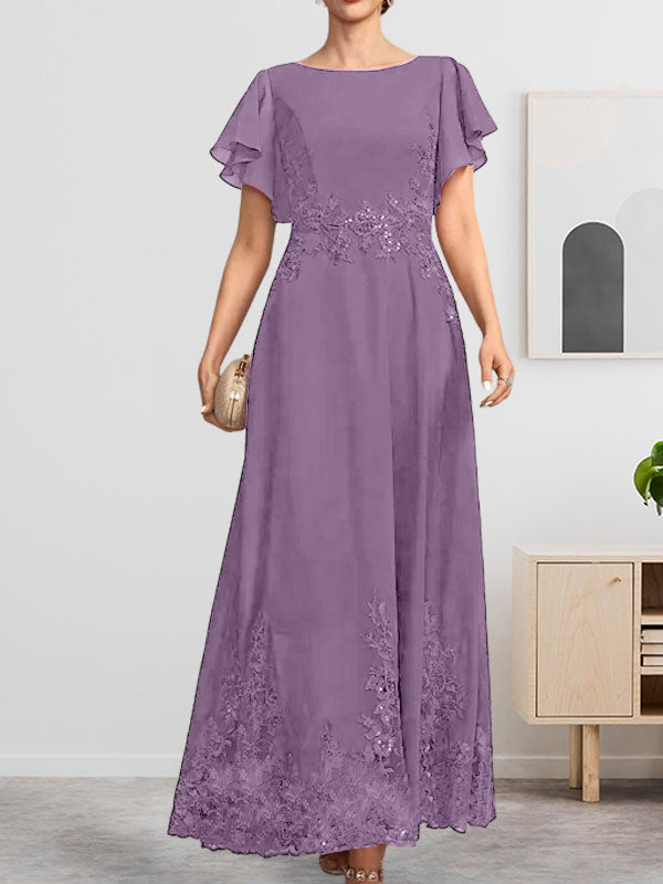 A-Linie U-Ausschnitt Knöchellang Spitzen-Chiffon-Kleid für die Brautmutter mit Pailletten