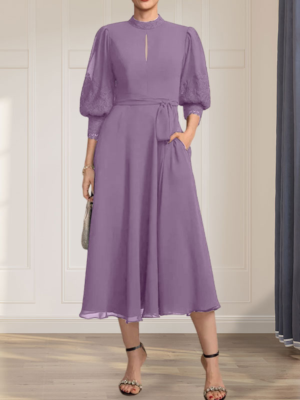 A-Linien-Kleid mit hohem Halsausschnitt und bodenlangem Spitzenchiffonkleid mit Schleife