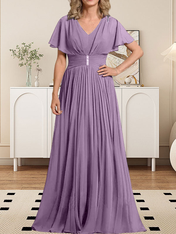 Vestido de gasa para madre de la novia, corte A, escote en V, largo hasta el suelo, con broche de cristal y plisado