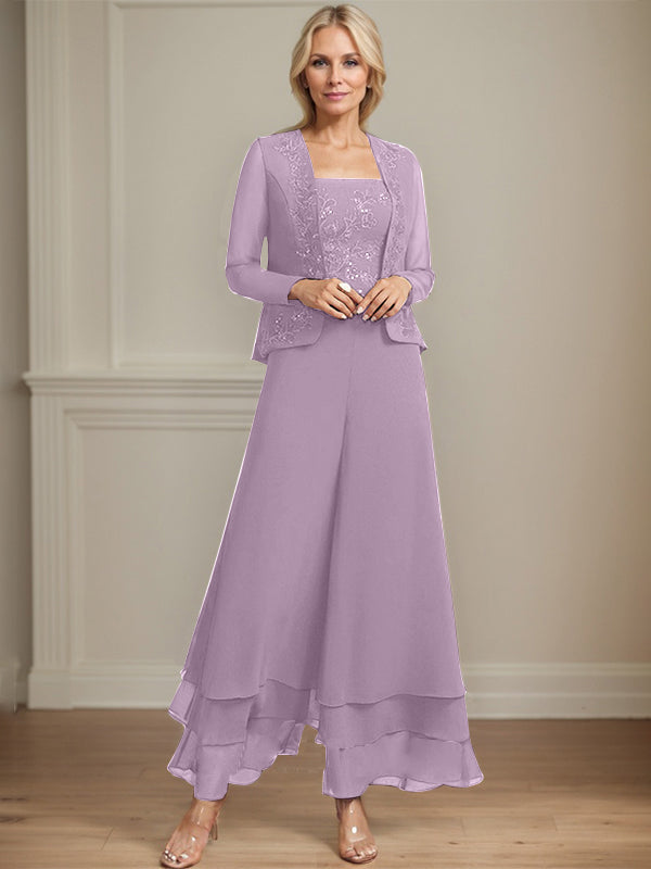 Separates Jumpsuit/Hosenanzug Quadratisches Knöchellanges Spitzenchiffonkleid für die Brautmutter mit Pailletten 