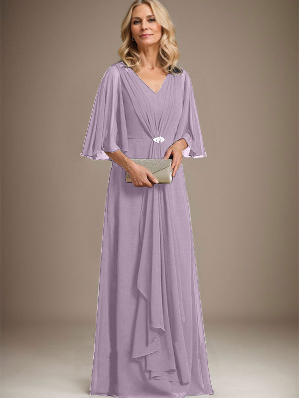 Vestido de gasa para madre de la novia, corte A, escote en V, largo hasta el suelo, con volantes en cascada y broche de cristal