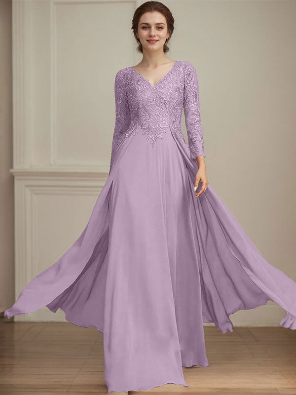 Vestido de madre de la novia de gasa con encaje, escote en V y lentejuelas, largo hasta el suelo