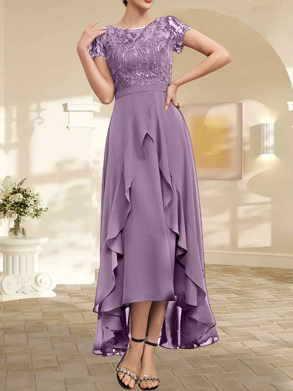 Vestido de madre de la novia de gasa asimétrica con escote en A, ilusión, encaje, lazo, volante y lentejuelas