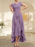 Vestido de madre de la novia de gasa asimétrica con escote en A, ilusión, encaje, lazo, volante y lentejuelas