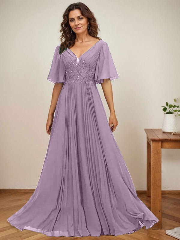 Vestido de gasa para madre de la novia, corte A, escote en V, largo hasta el suelo, con apliques de lentejuelas y encaje plisado