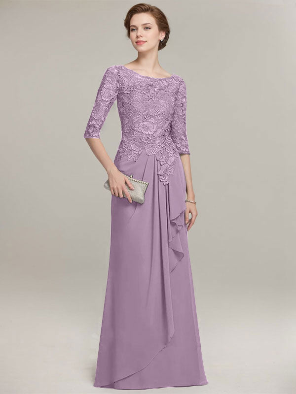 Vestido de gasa con encaje, corte A, escote ilusión, largo hasta el suelo, para madre de la novia con volantes en cascada
