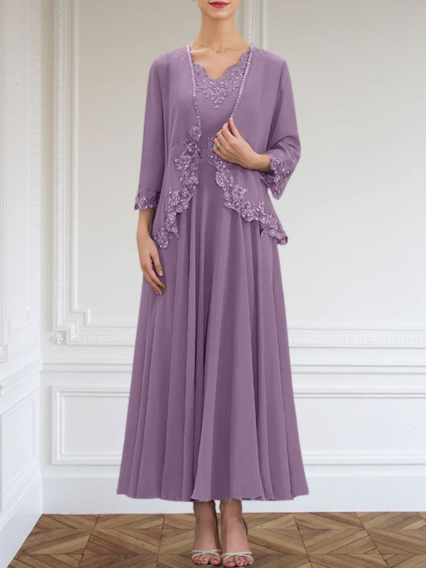 Vestido de gasa para madre de la novia, corte A, escote en V, largo hasta los tobillos, con apliques de lentejuelas, encaje y cuentas