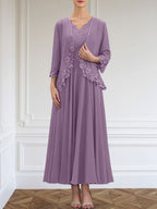 Vestido de gasa para madre de la novia, corte A, escote en V, largo hasta los tobillos, con apliques de lentejuelas, encaje y cuentas