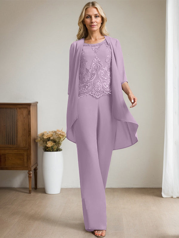 Vestido de madre de la novia de gasa con encaje, escote redondo y lentejuelas y mono/pantalón separado