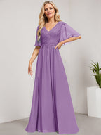 Vestido de madre de la novia de gasa con encaje, escote en V y lentejuelas, largo hasta el suelo