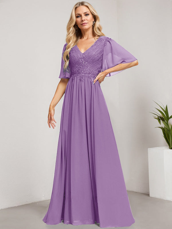 Vestido de madre de la novia de gasa con encaje, escote en V y lentejuelas, largo hasta el suelo