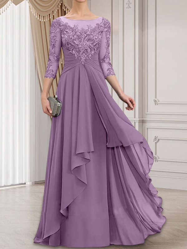 Vestido de gasa con encaje, corte A, escote ilusión, largo hasta el suelo, para madre de la novia con volantes en cascada