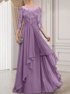 Vestido de gasa con encaje, corte A, escote ilusión, largo hasta el suelo, para madre de la novia con volantes en cascada
