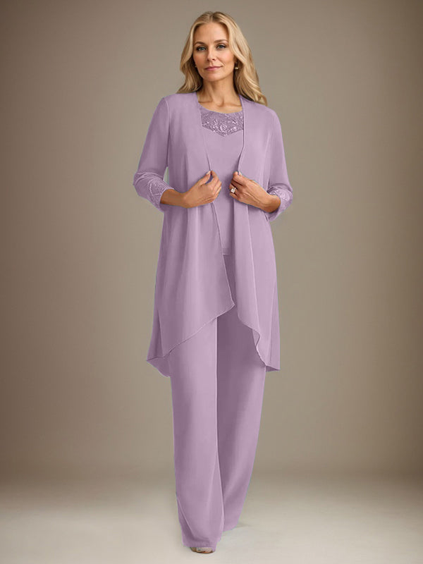 Trajes de gasa con mangas largas y escote redondo para madre de la novia con chaqueta