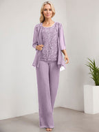 Vestido de madre de la novia de gasa con encaje, largo hasta el suelo, con lentejuelas y mono/pantalón separado