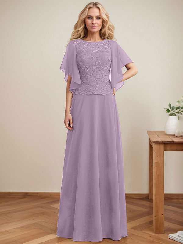 Vestido de gasa con encaje y lentejuelas para madre de la novia, corte A, escote ilusión, largo hasta el suelo
