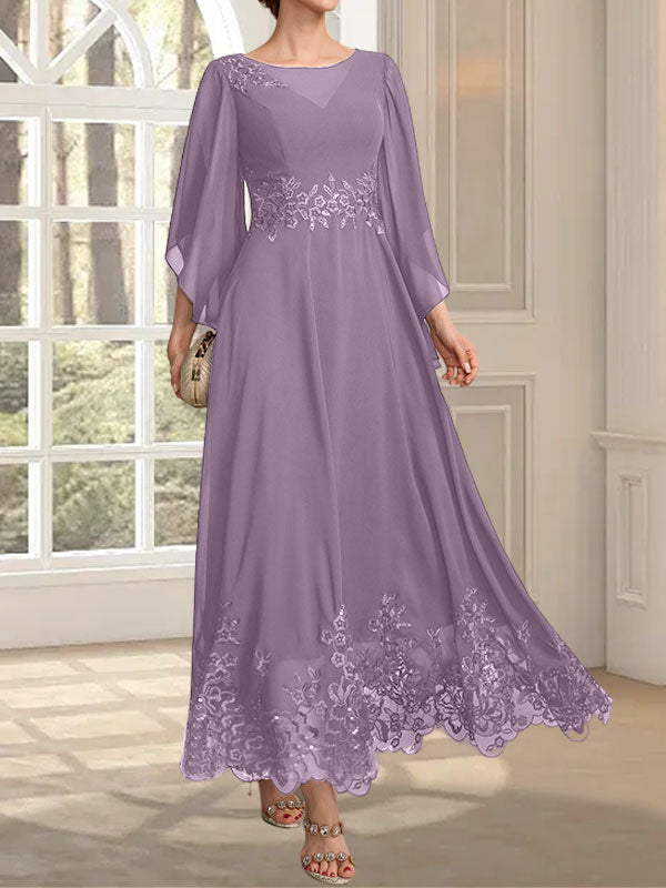 Vestido de gasa con encaje y lentejuelas para madre de la novia, corte A, escote ilusión, largo hasta los tobillos