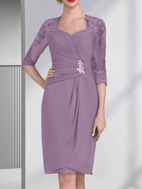 Vestido de gasa para madre de la novia con escote corazón, largo hasta la rodilla, con apliques de cuentas, encaje y lentejuelas plisado.
