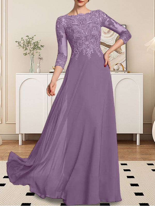 Vestido de gasa con encaje y lentejuelas para madre de la novia, corte A, largo hasta el suelo