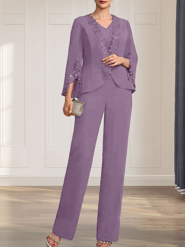 Vestido de gasa para madre de la novia, con escote en V y largo hasta el suelo, de mono/pantalón separado