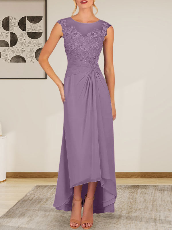 Vestido de gasa con encaje y escote redondo en forma de A color champán