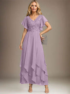 Vestido de gasa con encaje y escote en V hasta los tobillos para madre de la novia con volantes en cascada